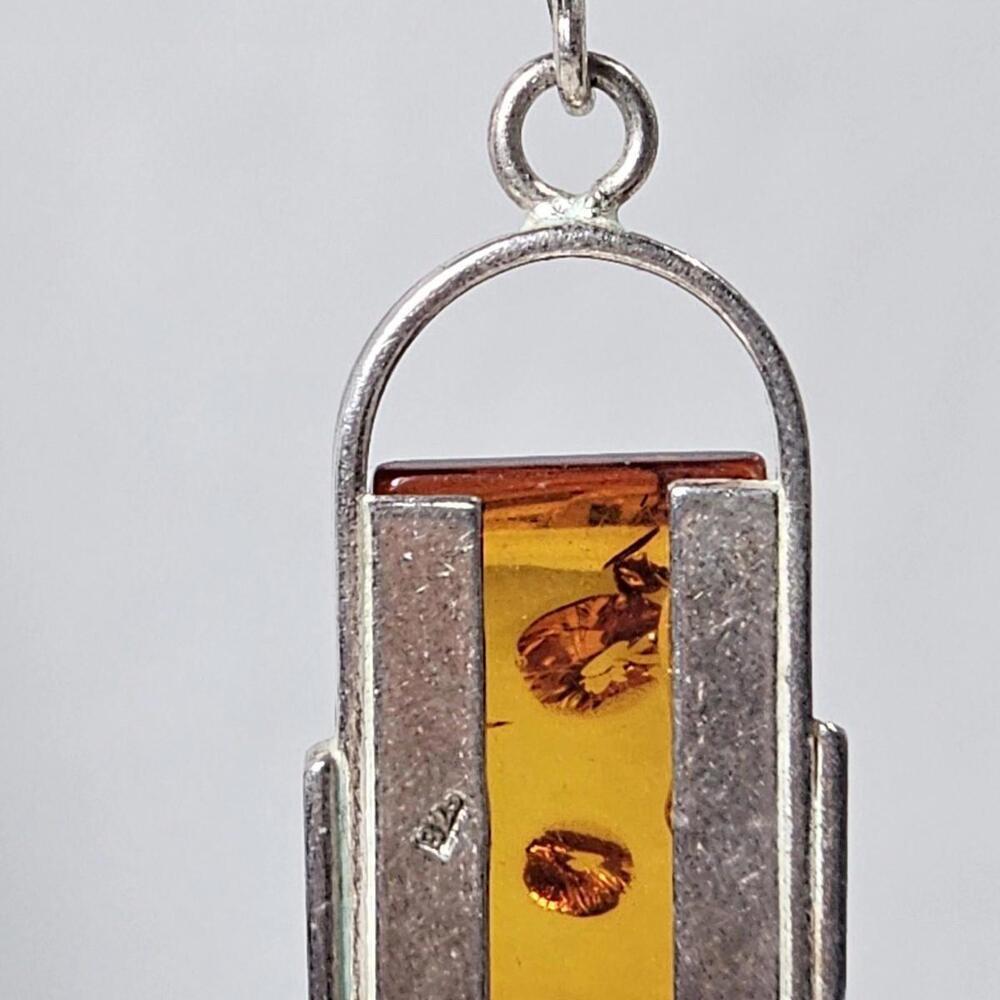 Vintage Sterling Silver Genuine Amber Stone Tube Bar Jar Dangling Stud Earrings - Picture 8 of 10